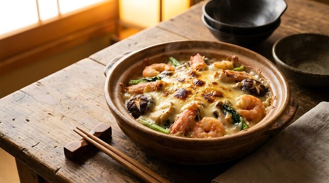 A warm bowl of traditional japanese nabe hot pot with fresh vegetables served on a rustic wooden table. Japanese Asian gratin