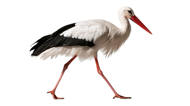 White stork with black wing feathers and long red beak walking