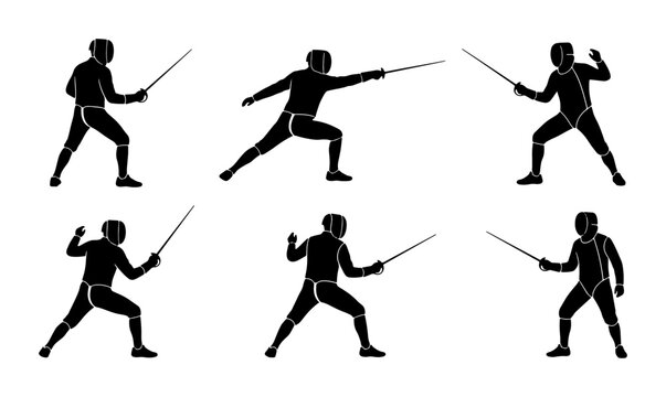 Black silhouette fencers in action poses, fencing sport graphic