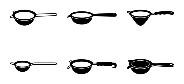 Black silhouette strainers and sieves, kitchenware icons for cooking