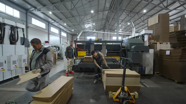 Busy industrial packaging workshop with workers around automated cardboard machinery inside spacious factory hall under bright overhead lighting and steel roof structure