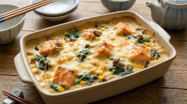 Delicious baked salmon casserole with fresh spinach and corn in a ceramic dish on a rustic table. Japanese Asian gratin