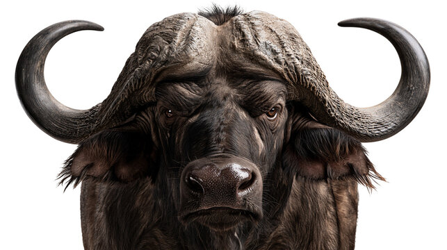 Close up portrait of an African buffalo with large curved horns