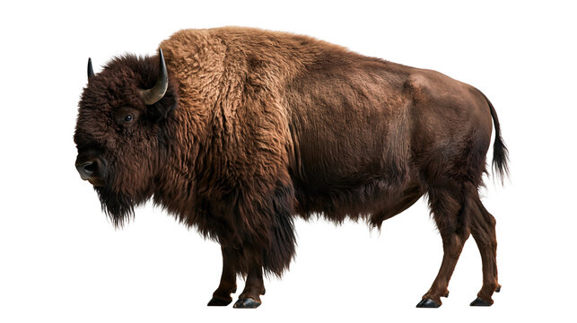 Large brown American bison standing in profile with thick shaggy fur and horns