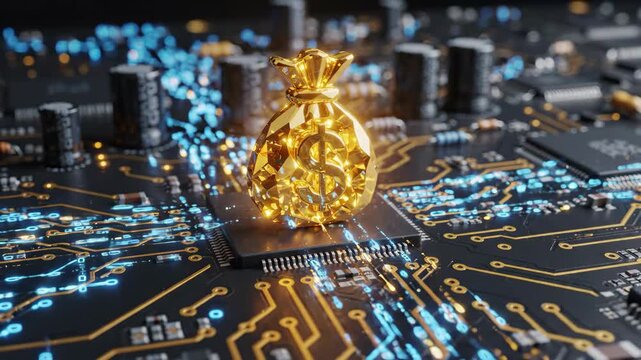 Golden money bag with dollar sign glowing on a futuristic circuit board.
