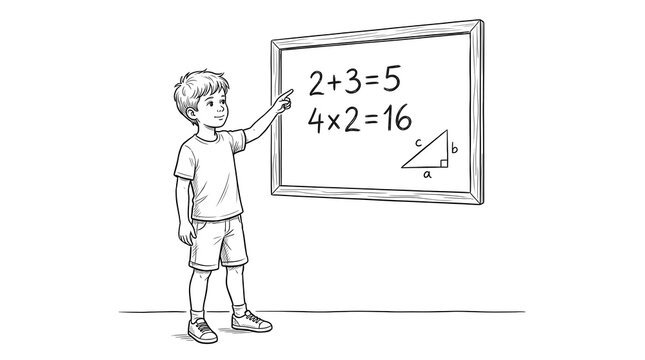 Boy Solving Math Problems on Blackboard Vector Illustration &ndash; Kid Doing Addition and Multiplication in Classroom, Education, Back to School and Learning Concept for Children