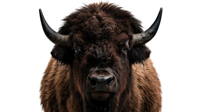 Frontal portrait of a majestic American bison with thick brown fur and sharp horns