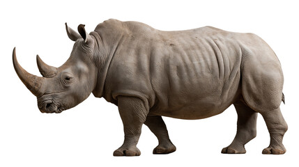 Large grey rhinoceros standing in profile with prominent horns and wrinkled skin © Motruc