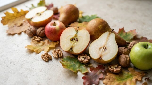 Autumn harvest of fresh apples, pears, and walnuts arranged with colorful oak leaves
