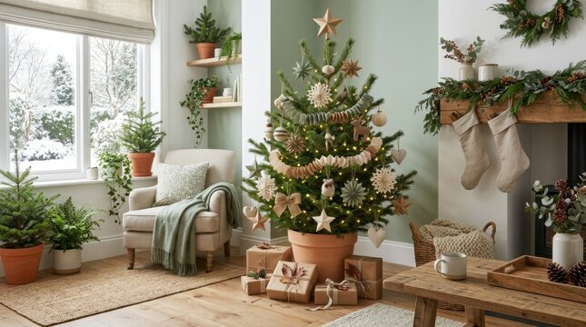 Cozy Christmas living room with decorated tree and snowy window view
