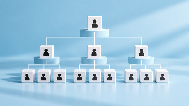 Corporate organizational chart hierarchy made of white wooden blocks with people icons on light blue background for business structure, teamwork, leadership, human resources, and management concept.