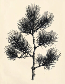 Minimal pine branch engraving with detailed needles and antique botanical style