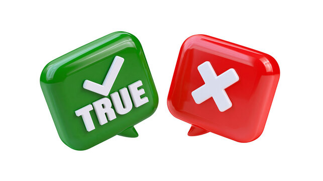 Glossy green true checkmark and red false cross speech bubble icons