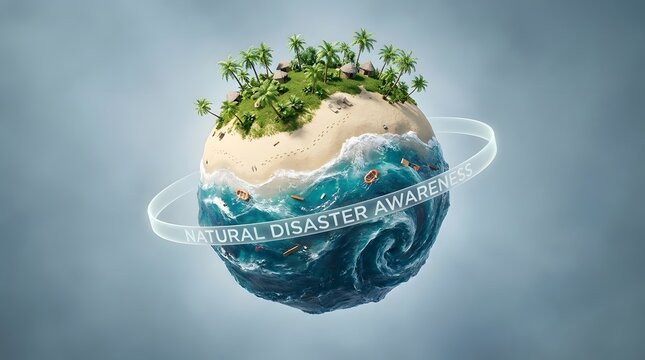 Miniature tropical island with crashing ocean waves floating in a surreal sphere