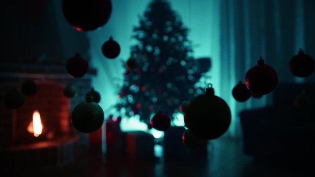 Silhouette of Christmas balls swinging in front of the tree in a blue background