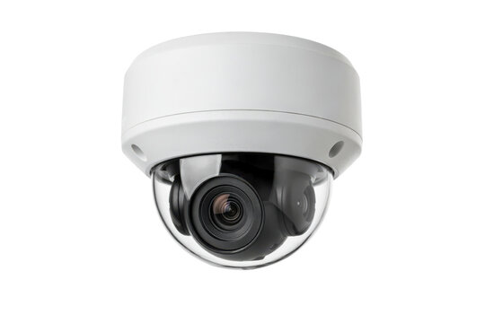 White dome security camera with a transparent glass lens cover for indoor or outdoor surveillance monitoring isolated on a transparent background