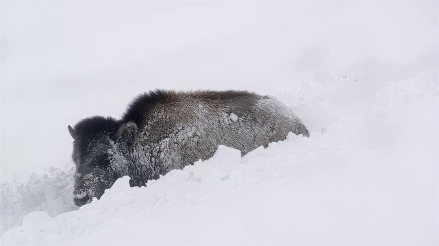 Wild bison digging through deep snow in a winter landscape