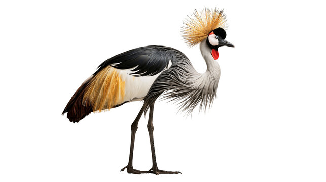 Grey crowned crane with golden spiky crest and red wattle standing in profile