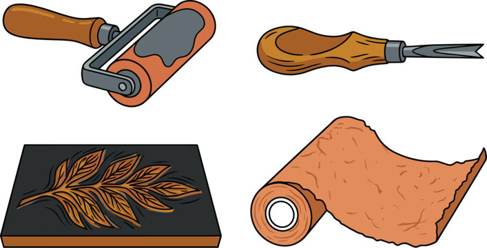 Linocut printmaking tools and carved block vector illustration featuring brayer, gouge, and leaf design for art