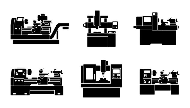 Black industrial machine icons, lathe and milling CNC equipment set