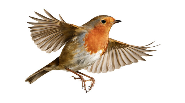 European robin bird in flight with orange breast and brown wings