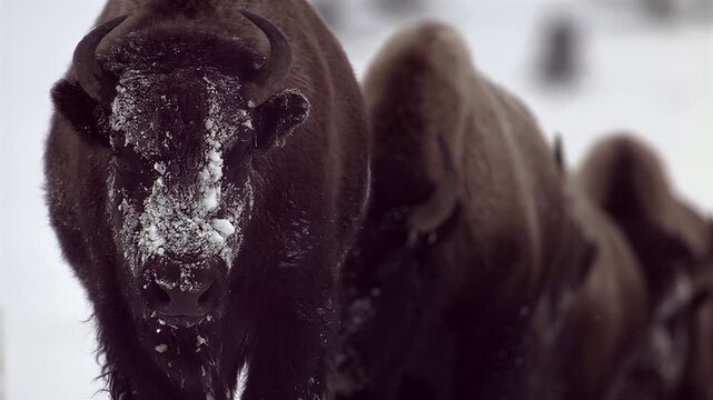 Majestic bison covered in snow during a cold winter day