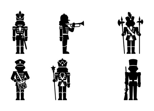 Black nutcracker soldier icons, festive holiday design elements