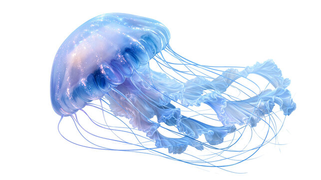 Glowing blue jellyfish with long delicate tentacles and translucent bell