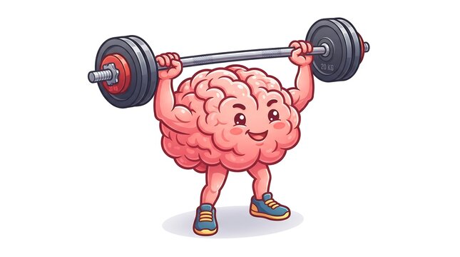 Cute cartoon brain character lifting a heavy barbell for world mental health day fitness concept with weightlifting