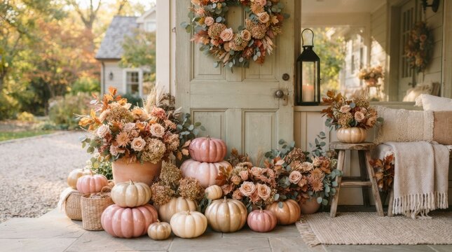 Charming autumn porch decorated with pumpkins and floral arrangements