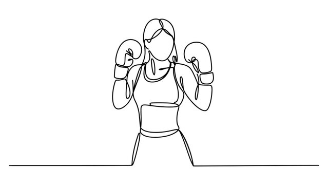 Continuous single line drawing of a woman wearing boxing gloves ready to fight isolated on a white background Vector, illustration