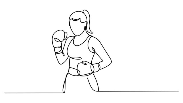 Continuous single line drawing of a woman boxer wearing gloves in a fighting pose isolated on a white background Vector, illustration