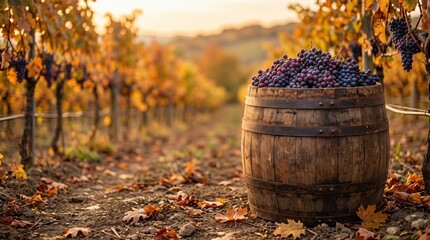 Obraz premium Wooden barrel filled with ripe grapes in an autumn vineyard, representing grape harvest, winemaking, wine production, viticulture and seasonal agriculture