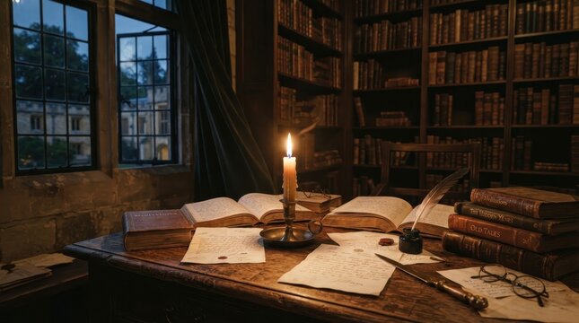 Antique library desk with candle, books, and quill pen at dusk