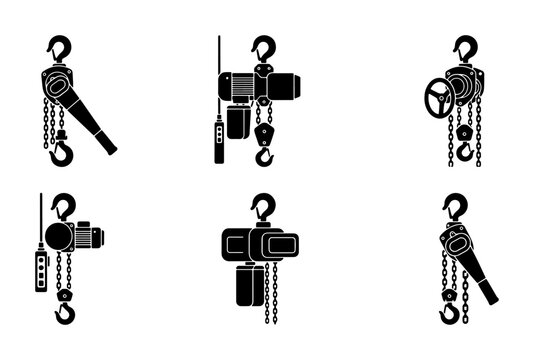 Black chain hoist icons, industrial lifting machinery, graphic design