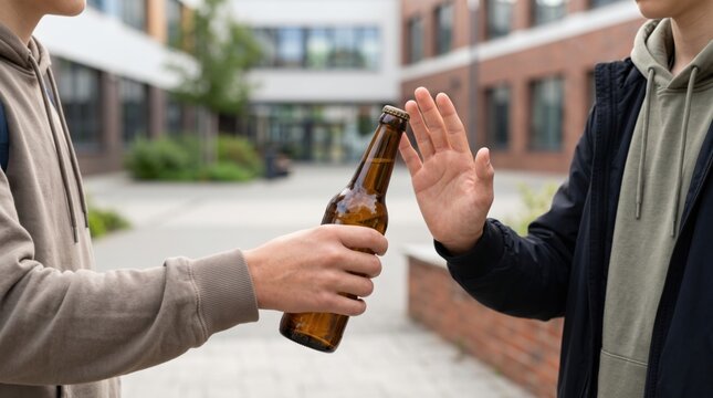 Teenage schoolboy refusing a beer bottle with an open hand gesture, representing alcohol prevention, peer pressure, healthy choices, responsible behavior and youth awareness