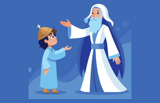 Biblical prophet and young boy vector illustration, religious teacher with student, ancient spiritual characters in blue