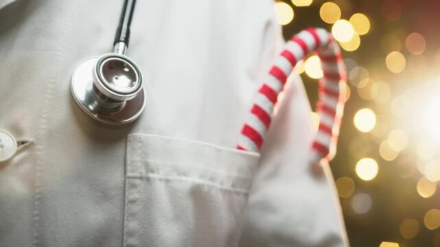 Doctor with white coat and stethoscope in front of Christmas Tree Give Merry