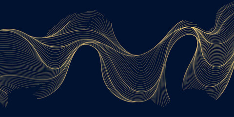 Obraz premium Luxury abstract pattern with elegant golden lines, flowing waves, clouds, and Japanese, Art Deco elements on a dark background. Ocean texture, river illustration, modern graphic ornament
