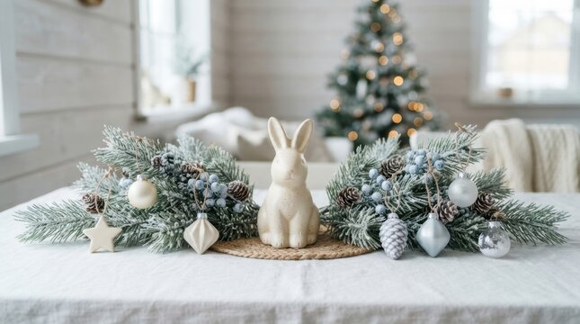 Festive winter table setting with a ceramic bunny and frosted pine branches