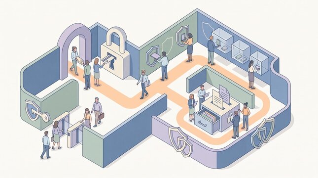 Professional office employees navigating secure maze representing data protection and digital privacy with isometric layout and soft pastel color palette design
