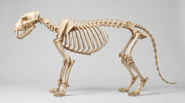 South China Tiger skeleton displayed in full profile against a solid light background.