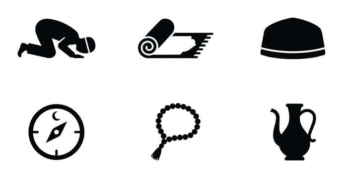 Islamic Culture Icons Set: Prayer, Prayer Mat, Kufi Cap, Compass, Prayer Beads, Pitcher for Religious and Cultural Concepts
