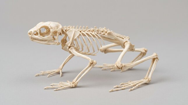 Panamanian Golden Frog skeleton posed on a smooth neutral surface in a full side profile view.