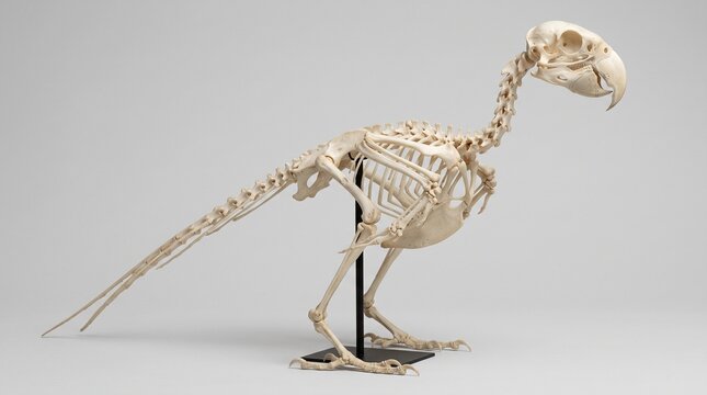Spix's macaw skeleton display sits on a black metal stand against a plain neutral background.