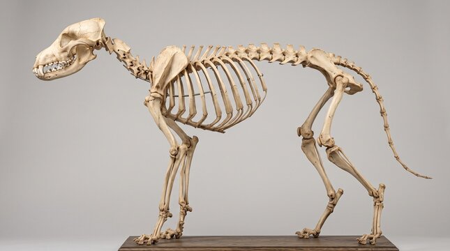 Red wolf skeleton exhibits complete canine bone anatomy on a wooden base.