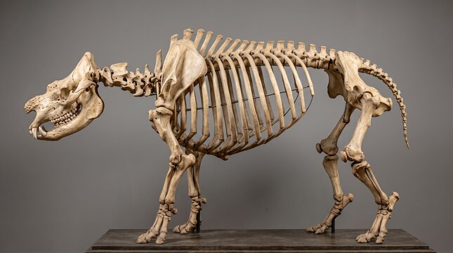 Sumatran rhinoceros skeleton stands complete on a wooden base in profile view.
