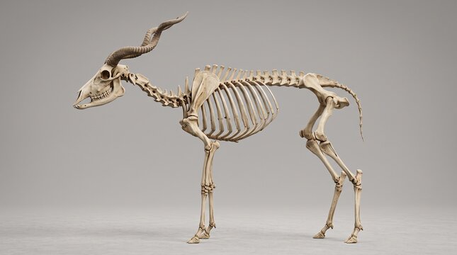 Addax skeleton with large curved horns stands in profile view on a plain background.
