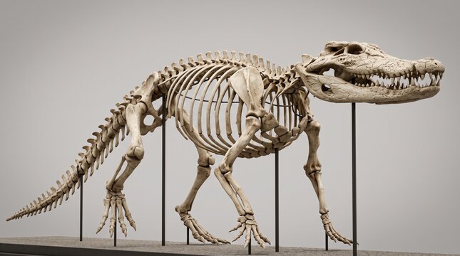 Crocodile skeleton display mounted on metal rods against a neutral background.
