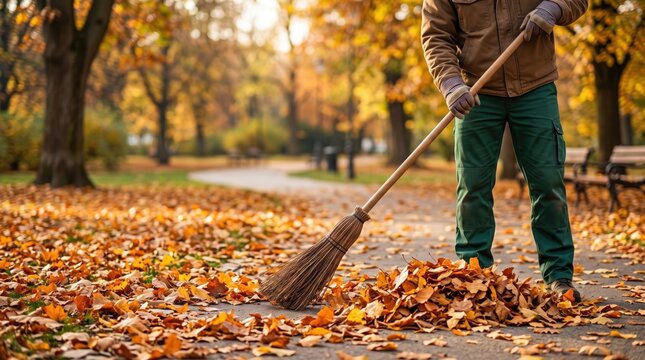 Worker sweeping fallen autumn leaves from a park pathway, representing seasonal maintenance, outdoor cleaning, municipal services and autumn grounds care